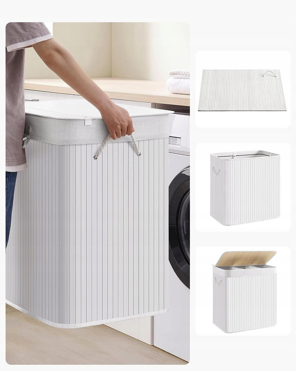 WÄSCHEKORB mit drei Fächern – weißer Bambus - Weiß, Holz/Textil (60/61.5/40cm) - VASAGLE