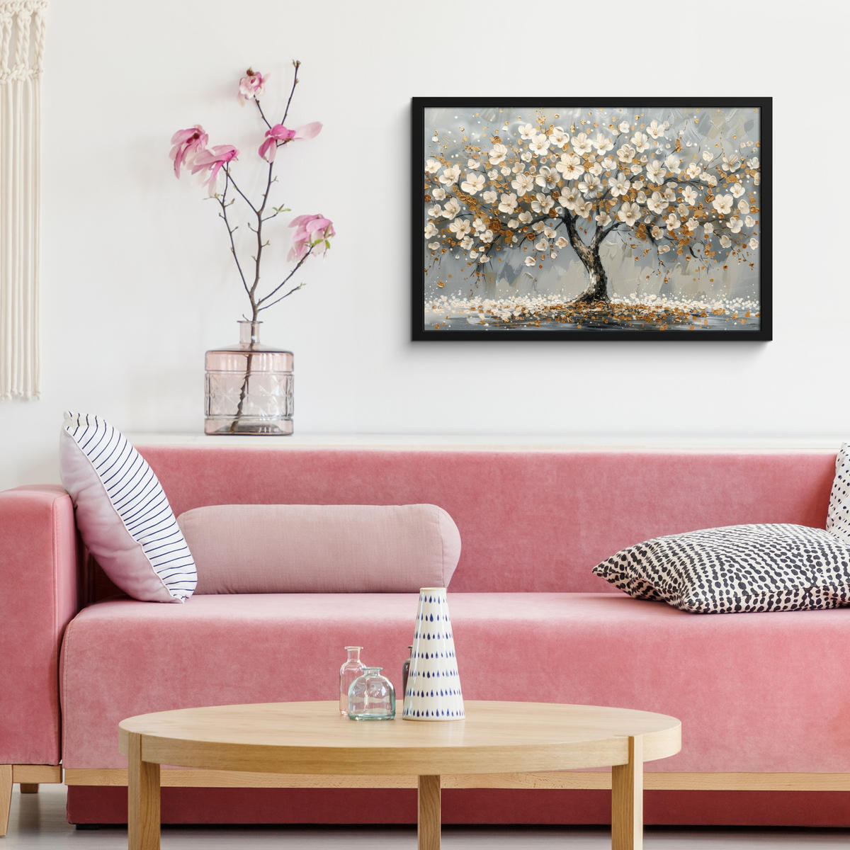 POSTER MIT RAHMEN Baum - Blumen - Weiß - Natur - Kunst 60x40 cm - Weiß, Papier (60/40cm) - MuchoWow