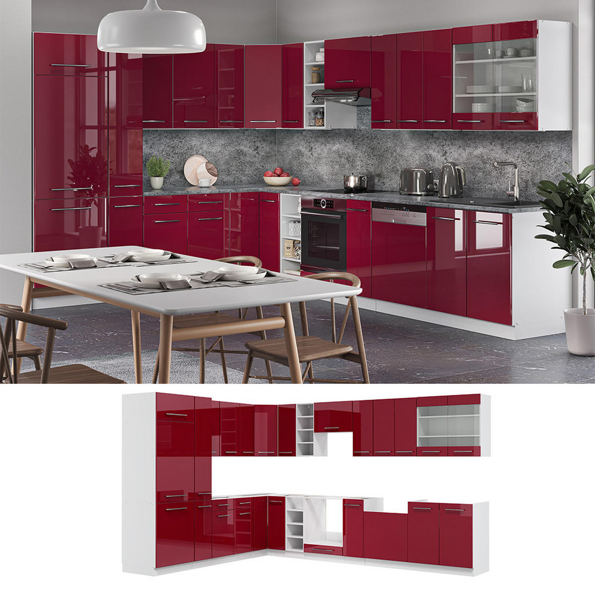 ECKKÜCHE Fame-Line Bordeaux Hochglanz/Weiß 347 x 257 cm, AP Marmor - Bordeaux/Weiß, Holzwerkstoff (347/81.6/60cm) - Vicco