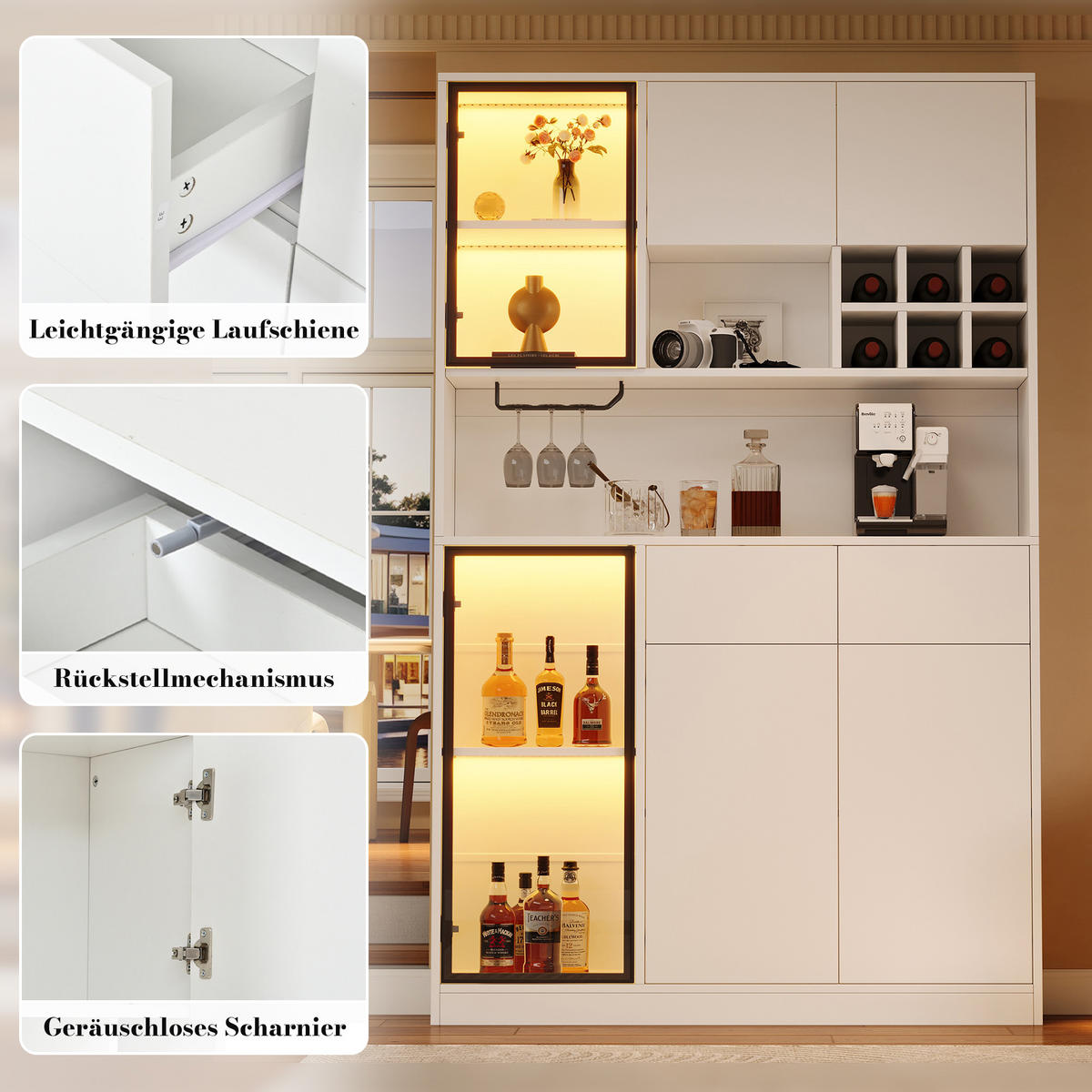 HOCHSCHRANK 120x33x200 cm mit 6 Türen, 2 Schubladen und LED - Weiß, Holzwerkstoff (120/200/33cm) - FLIEKS