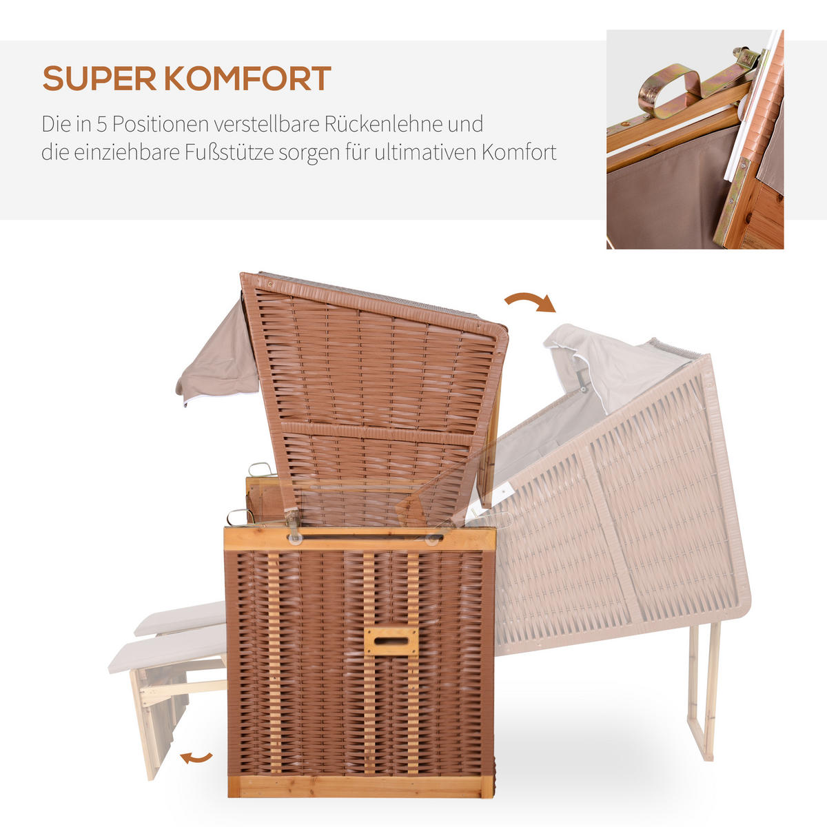STRANDKORB mit Klapptisch Sitzhocker Getrankehaltern PE Rattan Beige - Beige, Kunststoff (79/150/118cm) - Outsunny