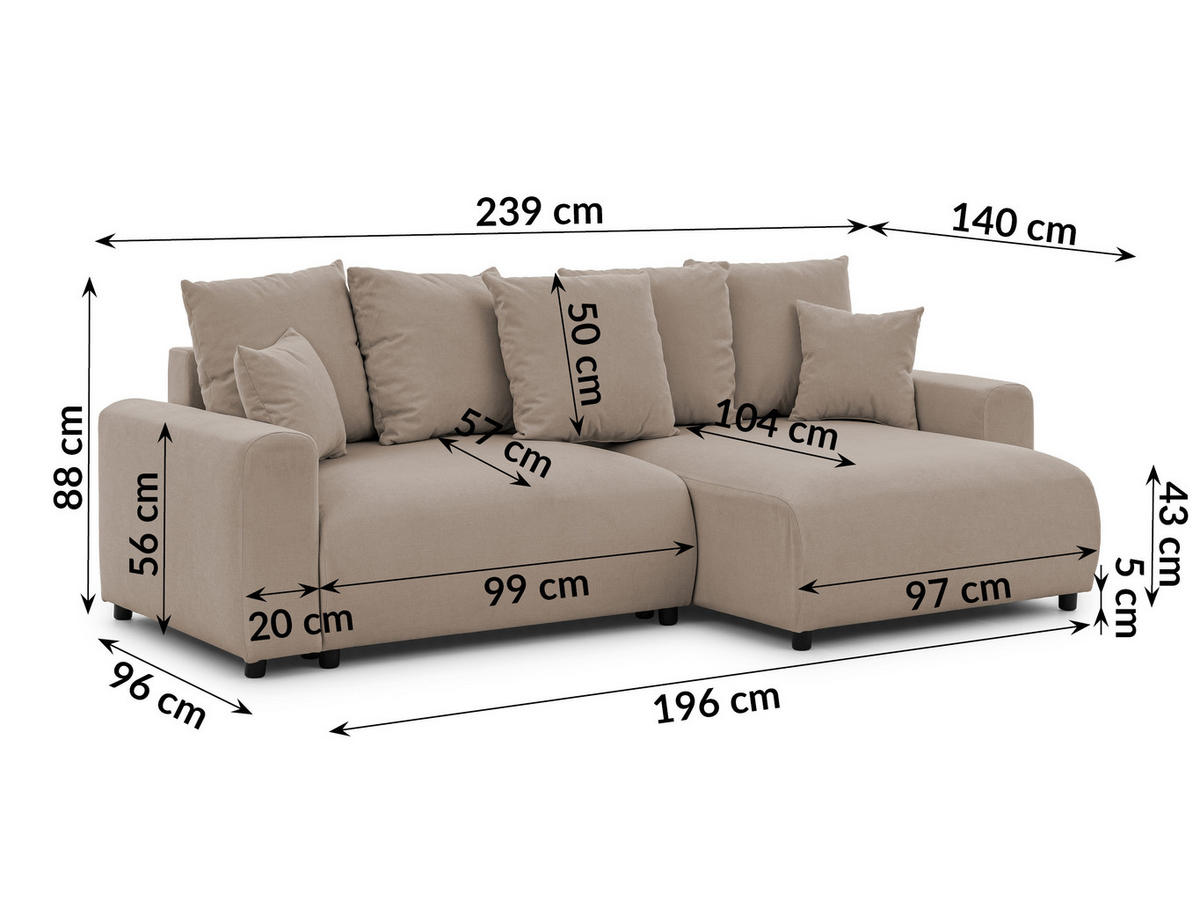 ECKSOFA Calma mit Schlaffunktion und Bettkasten im Bumpy-Design aus weichem Greige Webstoff - Ottomane rechts - Greige/Schwarz, Holz/Kunststoff (140/239cm) - S-Style