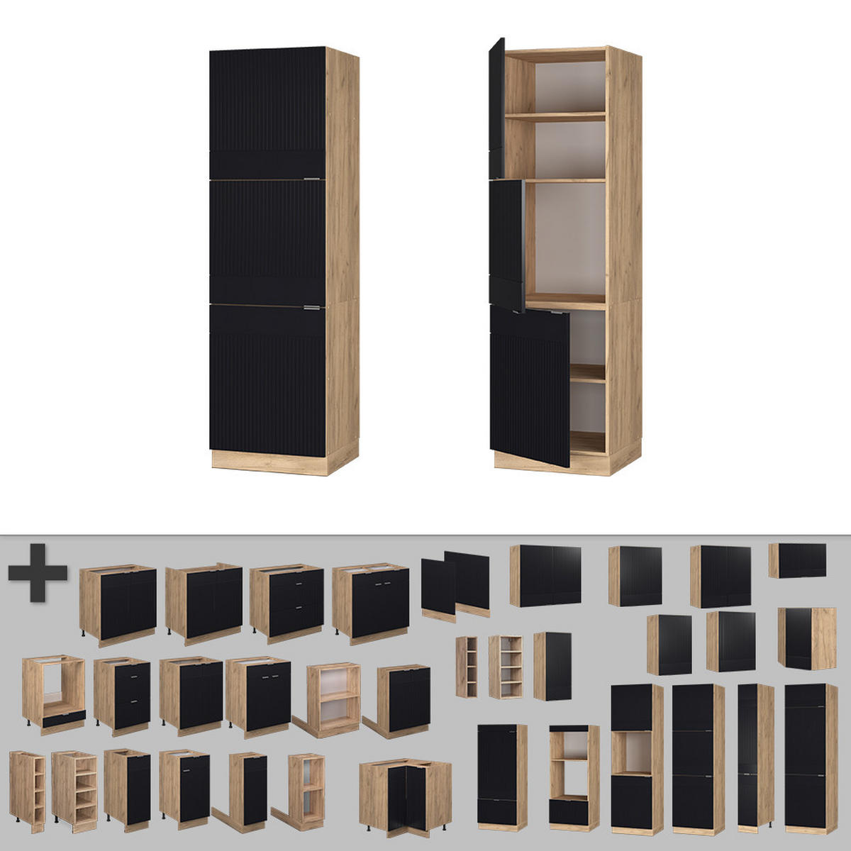 SKŘÍŇKA KE SPORÁKU Fame-Line, černé pruhy, 60 cm - medově dubová/černá, kompozitní dřevo (60/206.8/58cm) - Vicco