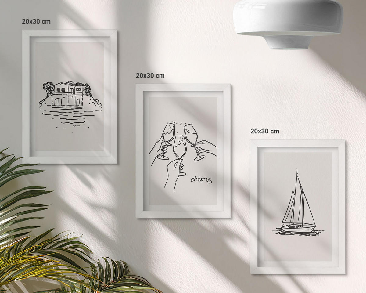 BILDER SET 3er Set - 20x30 cm Weißer Rahmen - Haus am Wasser, Segelboot-Toast - Weiß, Kunststoff (20/30cm) - TULUP