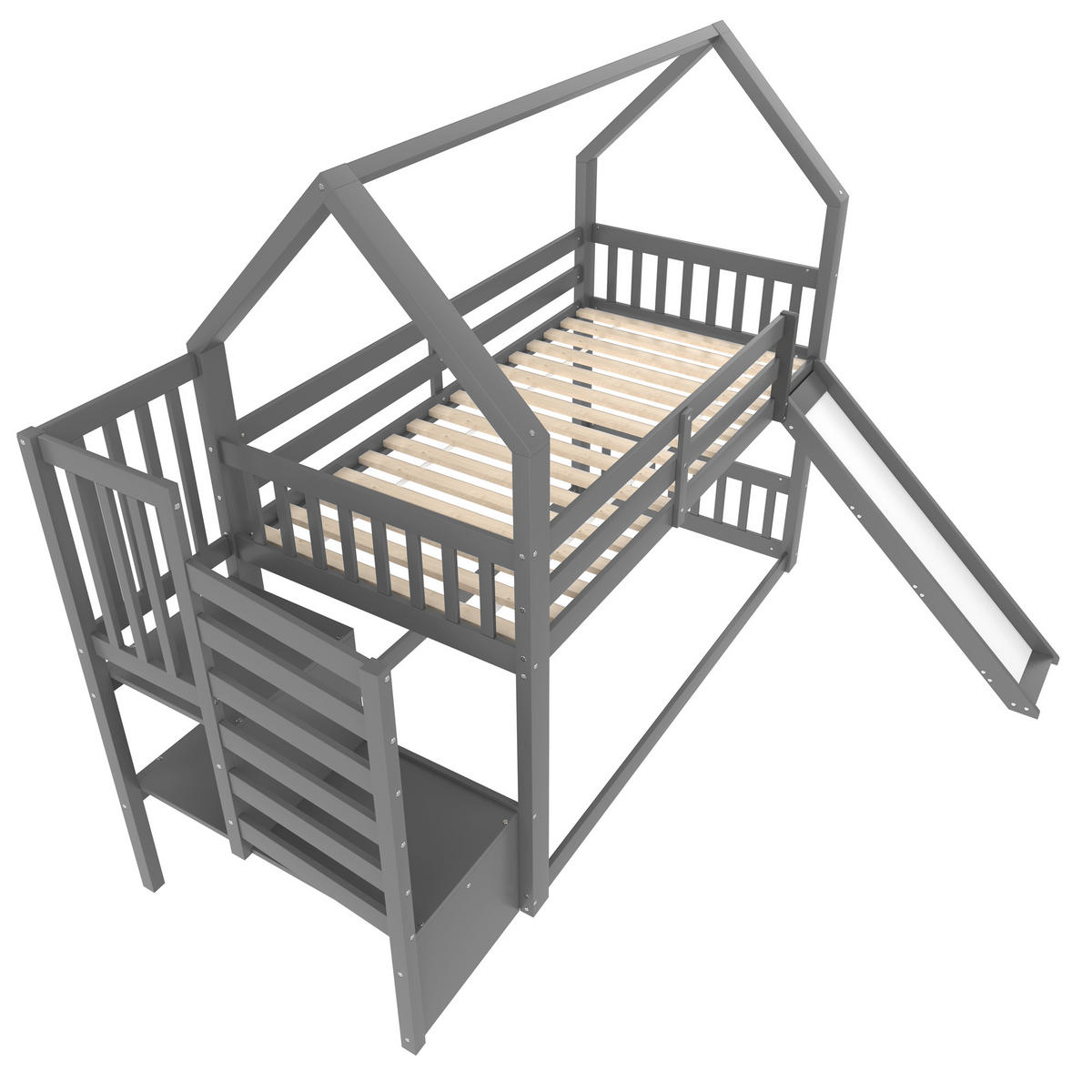 ETAGENBETT 90x200cm Grau mit Stauraumtreppe und Rutsche Hausbett - Grau, Holz (90/200cm) - FLIEKS