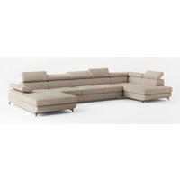 WOHNLANDSCHAFT MONTIVA Beige Boucle-Stoff mit Schlaffunktion - Beige, Holz (410/89/190cm) - MASSENO