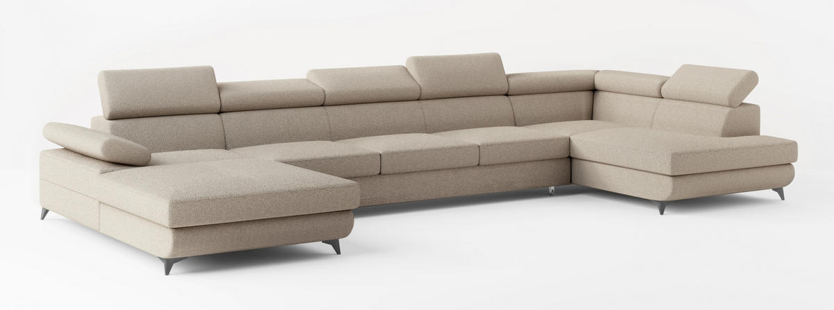 WOHNLANDSCHAFT MONTIVA Beige Boucle-Stoff mit Schlaffunktion - Beige, Holz (410/89/190cm) - MASSENO
