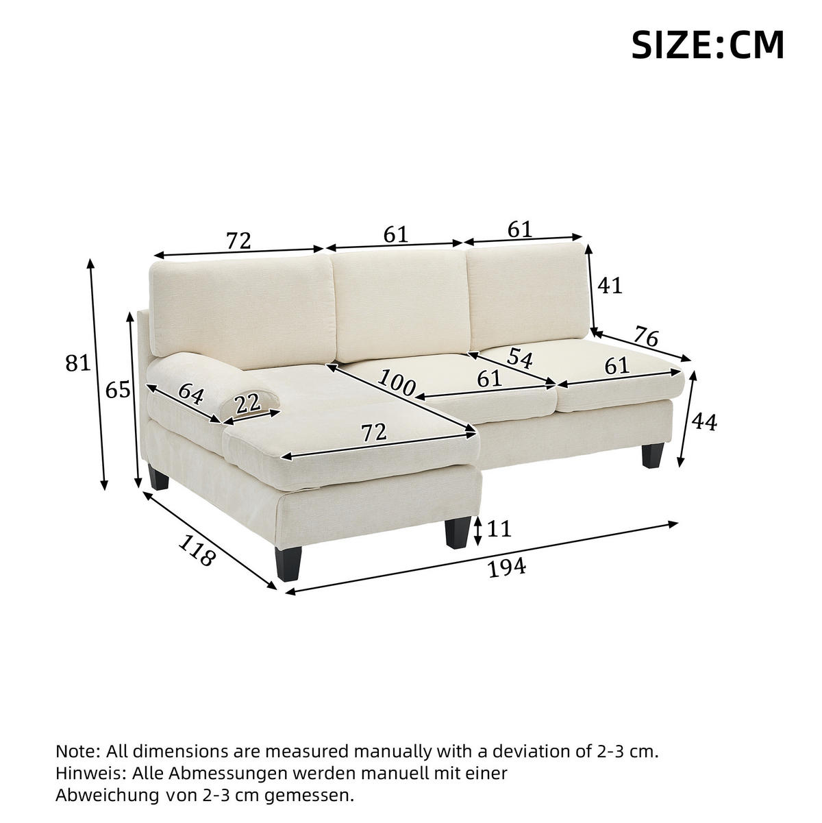 ECKSOFA aus Stoff 194x118x81 cm in Beige mit Schlaffunktion - Beige, Textil (118/81/194cm) - Modfu