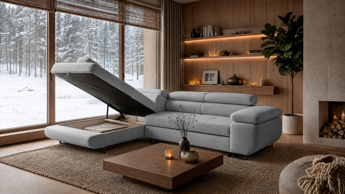 ECKSOFA Velmo mit Bettkasten und Schlaffunktion, verstellbaren Kopfstützen, in L-Form - Hellgrau, Textil (275/203cm)