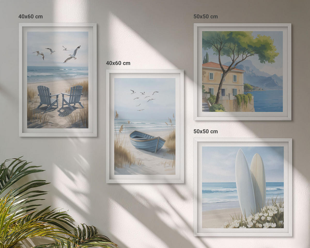 BILDER SET 4er Set - 50x50 cm & 40x60 cm Weißer Rahmen - Strandbretter, Surfboote, Vögel - Weiß, Kunststoff (50/50cm) - TULUP