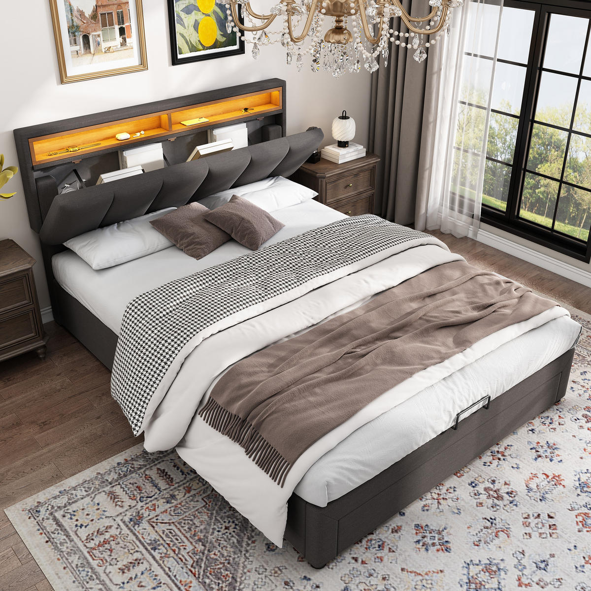 POLSTERBETT 140/200 cm Grau mit LED-Beleuchtung und hydraulischem Stauraum - Grau, Textil (140/200cm) - OKWISH
