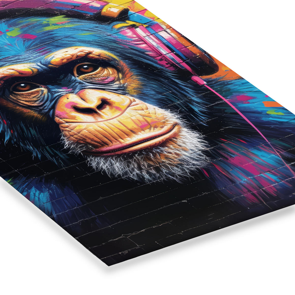 POSTER MIT RAHMEN Graffiti - Schimpanse - Straßenkunst - Kopfhörer - Affe Bilderleiste 80x120 cm - Blau, Papier (80/120cm) - MuchoWow