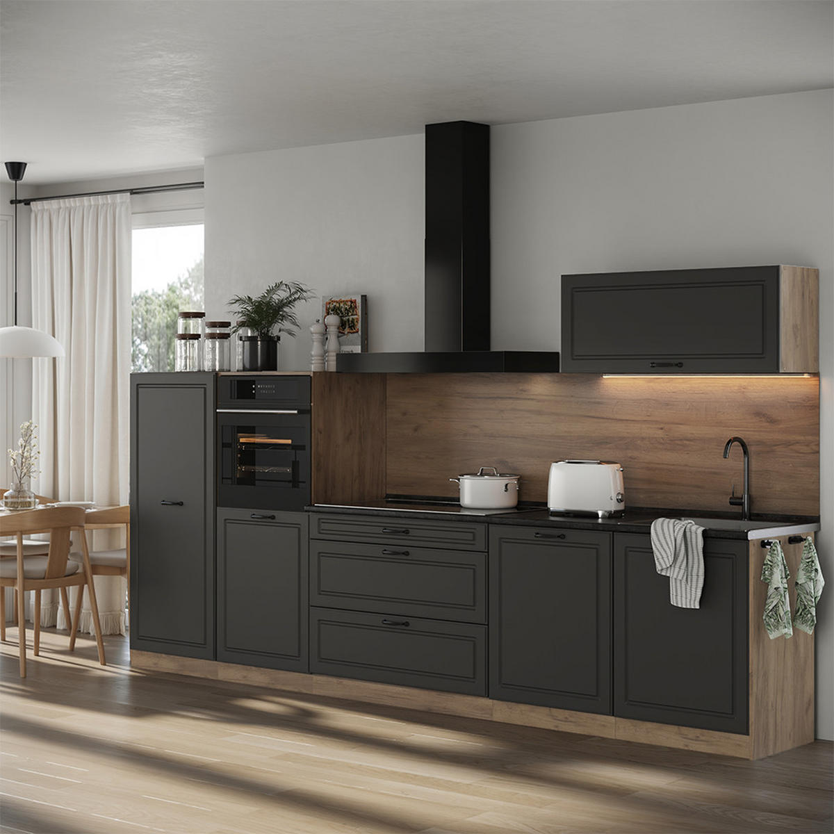 KUCHYNKA R-Line, Antracitový vidiecky dom/Dub Goldkraft, 340 cm antrasiitti työtaso - farba duba/antracitová, kompozitné drevo (340/143/60cm) - Vicco