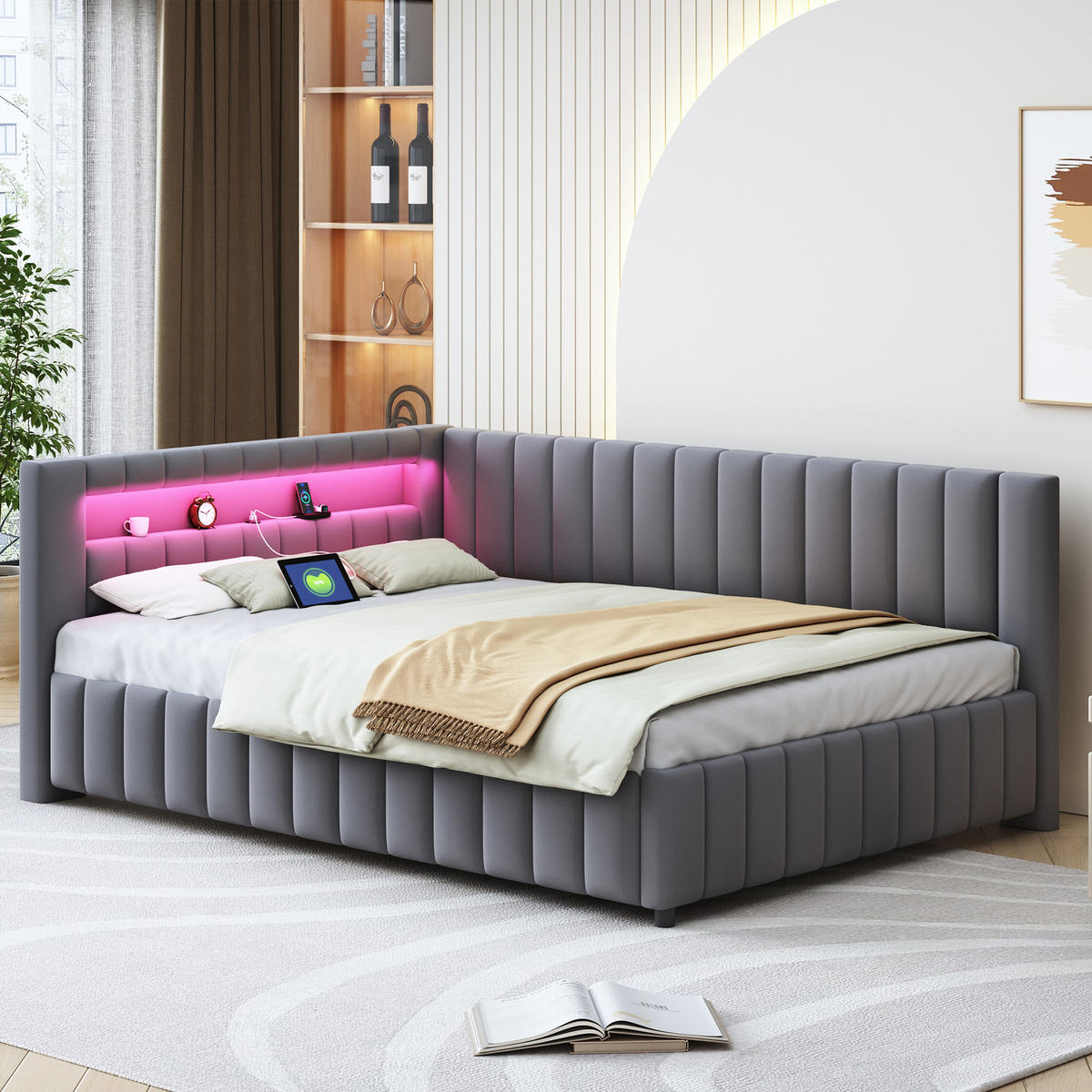 POLSTERBETT Schlafsofa 140/200 cm Grau Samt mit LED-Licht und USB-Ladeanschluss - Grau, Textil (140/200cm) - OKWISH