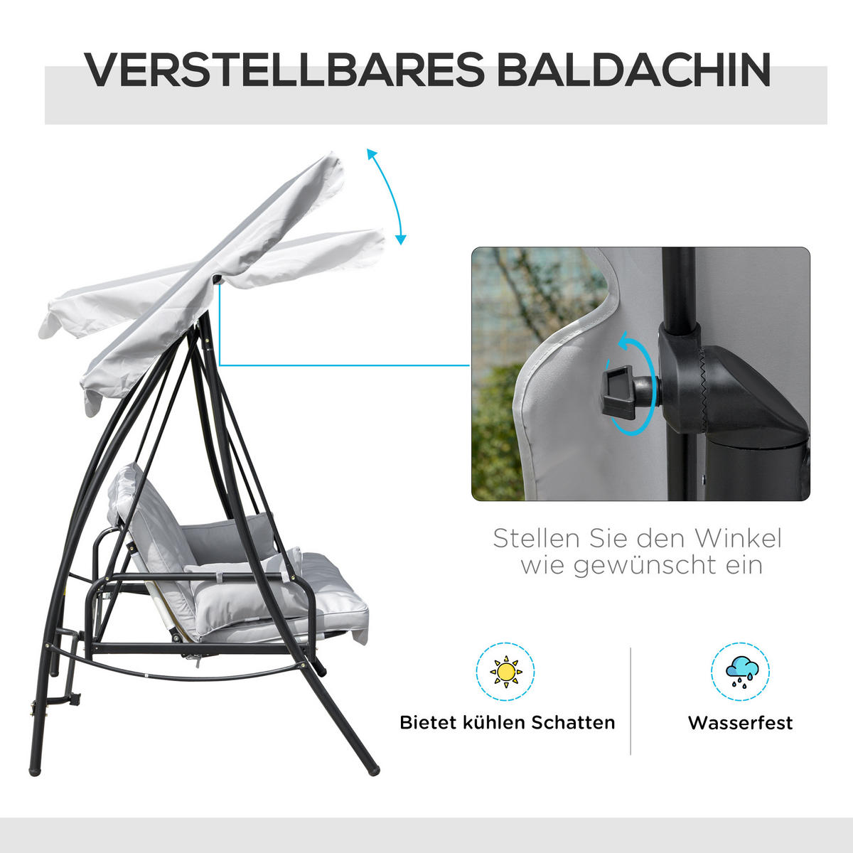 GARTENSCHAUKEL Schaukelbank mit Liege-Funktion, 3 Sitzer, Metall+Kunststoff, Grau - Grau, Kunststoff/Metall (240/170/209cm) - Outsunny