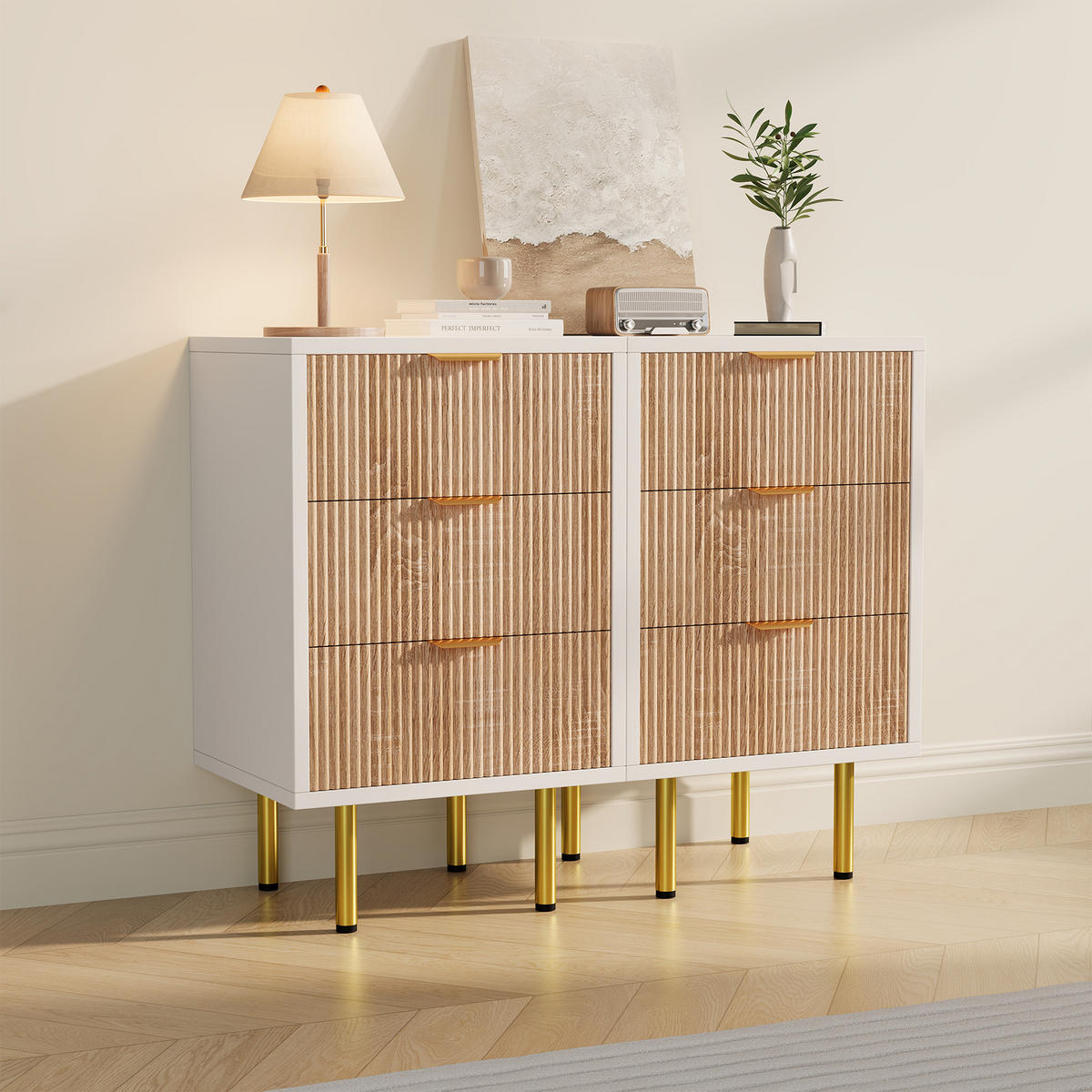 NACHTTISCH 2er Set 3 Schubladen Holz weiß Holzoptik - Weiß, Holz (40/65/40cm) - LEBENLANG