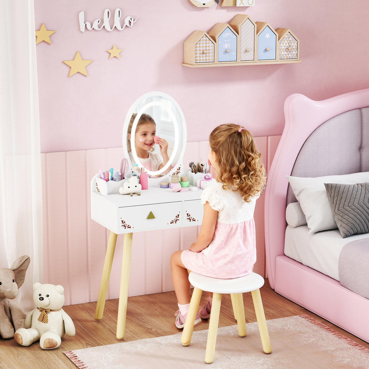KINDERSCHMINKTISCH DE-18638 2-in-1 mit 3-farbigem LED-Spiegel Weiß - Weiß, Holzwerkstoff (30/99.3/60cm) - ComfortXL