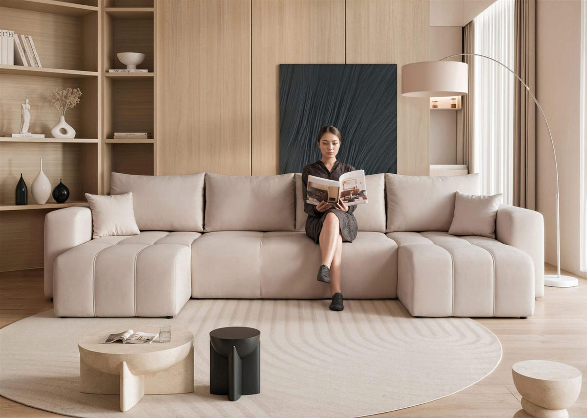 WOHNLANDSCHAFT Leros Schlaffunktion - Beige, Holzwerkstoff/Textil (318/79/145cm) - Fun Möbel
