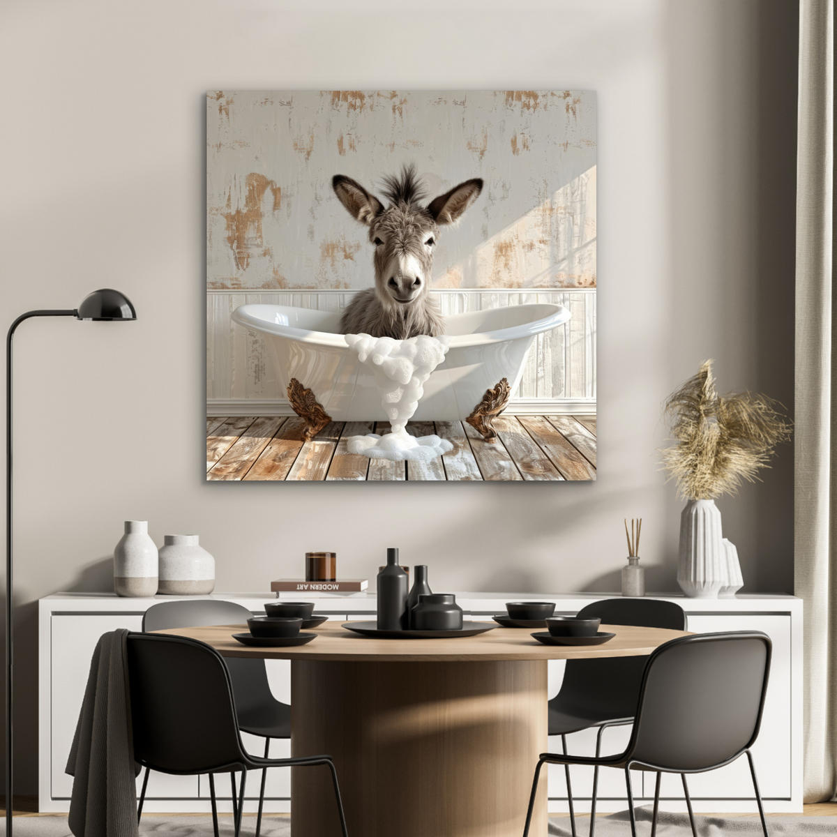 KOVOVÝ OBRAZ Osol - Zvieratá - Vaňa - Pena 90x90 cm - biela, kov (90/90cm) - MuchoWow