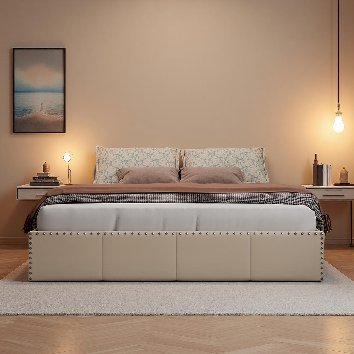 ČALÚNENÁ posteľ 140x200 béžová zamatová posteľová skrinka s plynovou pružinou a LED - écru, kompozitné drevo (140/200cm) - SHOPENTRA