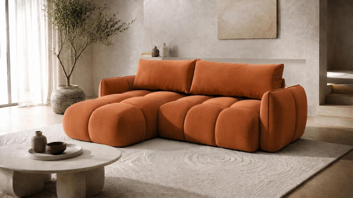 ECKSOFA L-Form Mit Schlaffunktion, Veloursstoff Bluvel, Zimtfarbe, Links, BELVEDER L - Orange, Holz (250/168cm) - Kaiser Möbel
