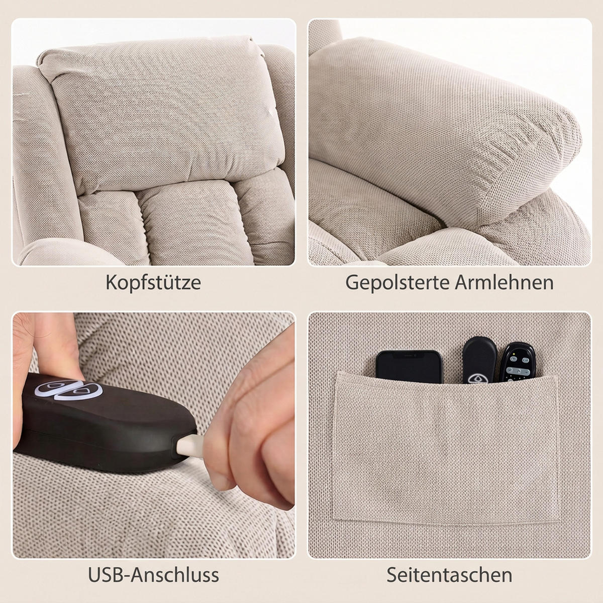 AUFSTEHSESSEL Samt Beige - Beige/Schwarz, Holz/Textil (104/100/93cm) - HOMCOM