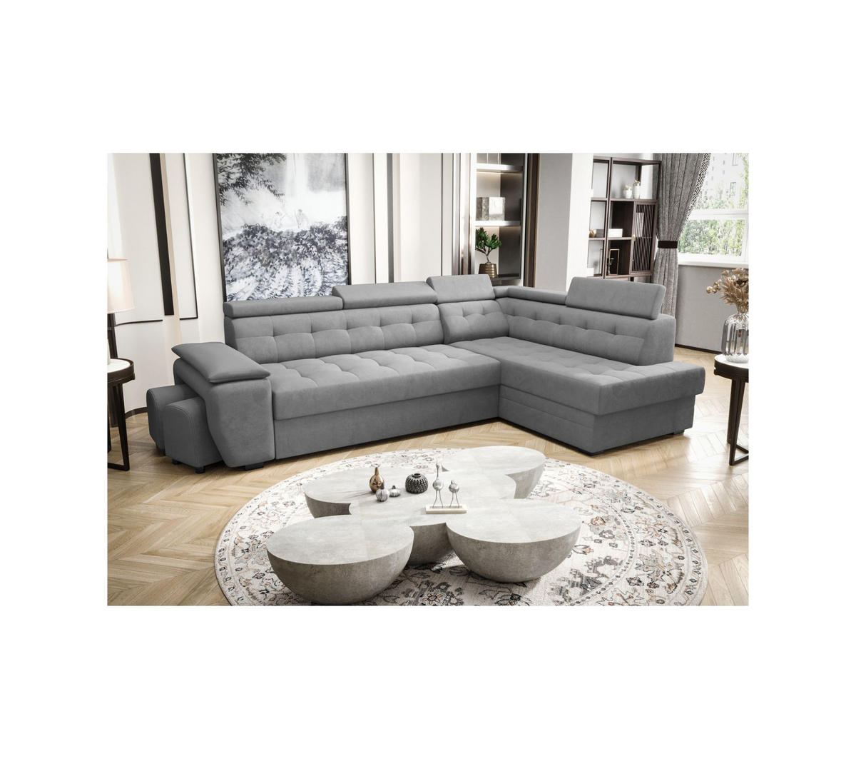 ECKSOFA KONGO RBN15, Eckcouch in L-Form mit Schlaffunktion, Farbe: Grau, Velourstoff, Ottomane Rechts - Grau, Textil (277/180cm) - O-Sofa