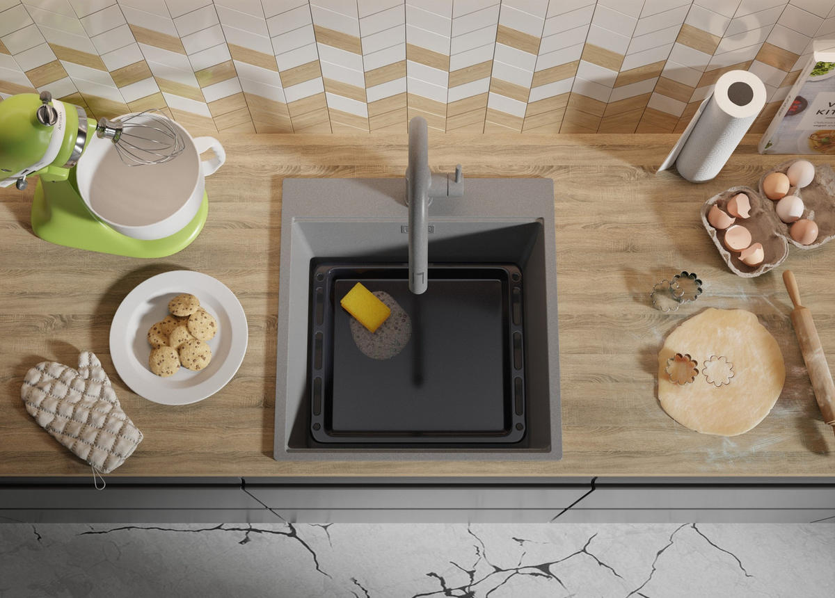 SPÜLBECKEN Oslo, 2-er set Grau 48/50 cm 1 Becken + Ablauf-Set + Schneidebrett ab 50er Unterschrank - Chromfarben/Beige, Kunststoff (48/20/50cm) - Primagran