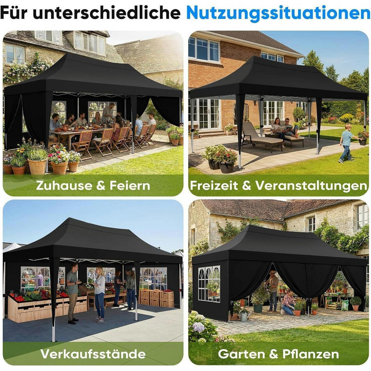 FALTPAVILLON 3x6m mit Seitenwänden wasserdicht UV-Schutz 50+ Stahlrahmen Schwarz - Schwarz, Metall (585/310/293cm)