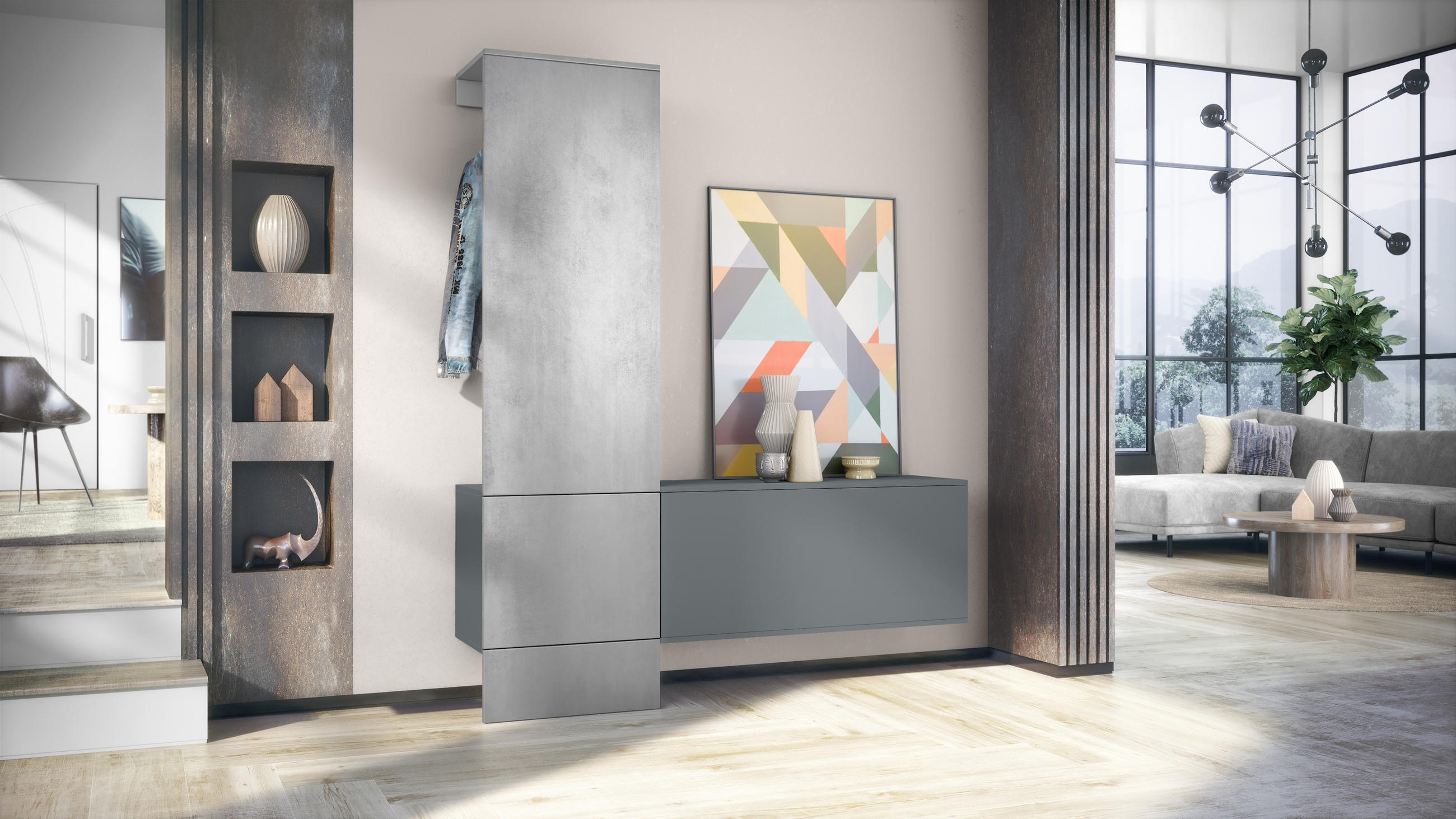 GARDEROBE Carlton Paneel in Beton Oxid Optik - Hellgrau, Holzwerkstoff (156.5/193/35cm) - Vladon