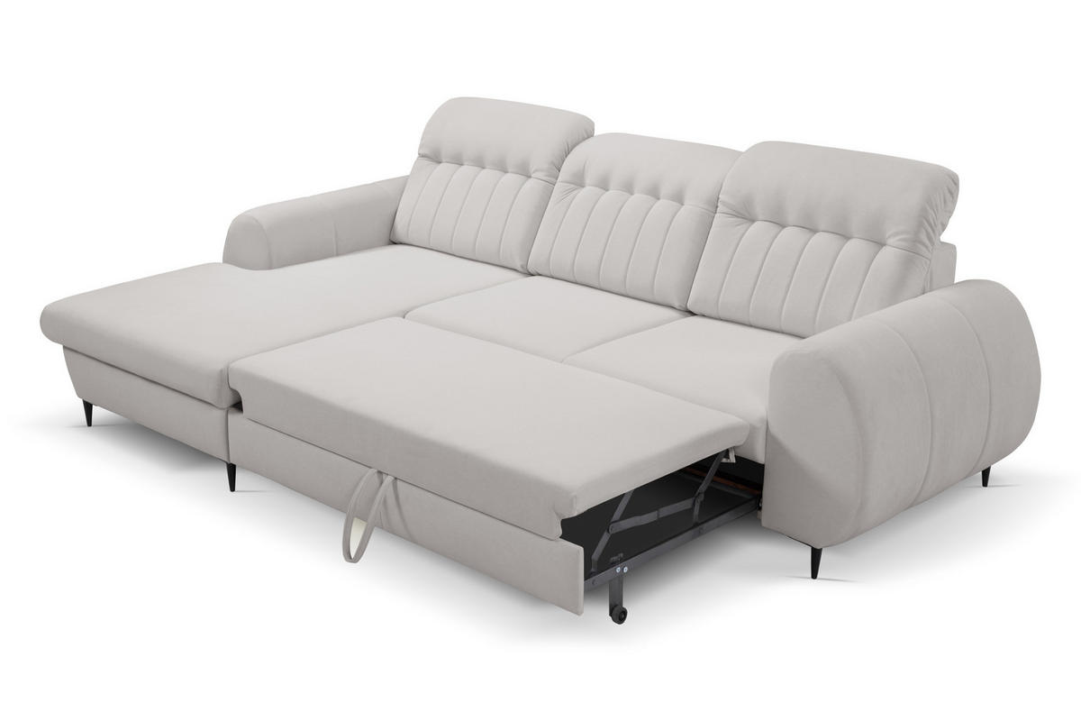 ECKSOFA PURO L-S Hellgrau Plüsch-Stoff mit Schlaffunktion - Hellgrau, Holz (275/166cm) - MASSENO