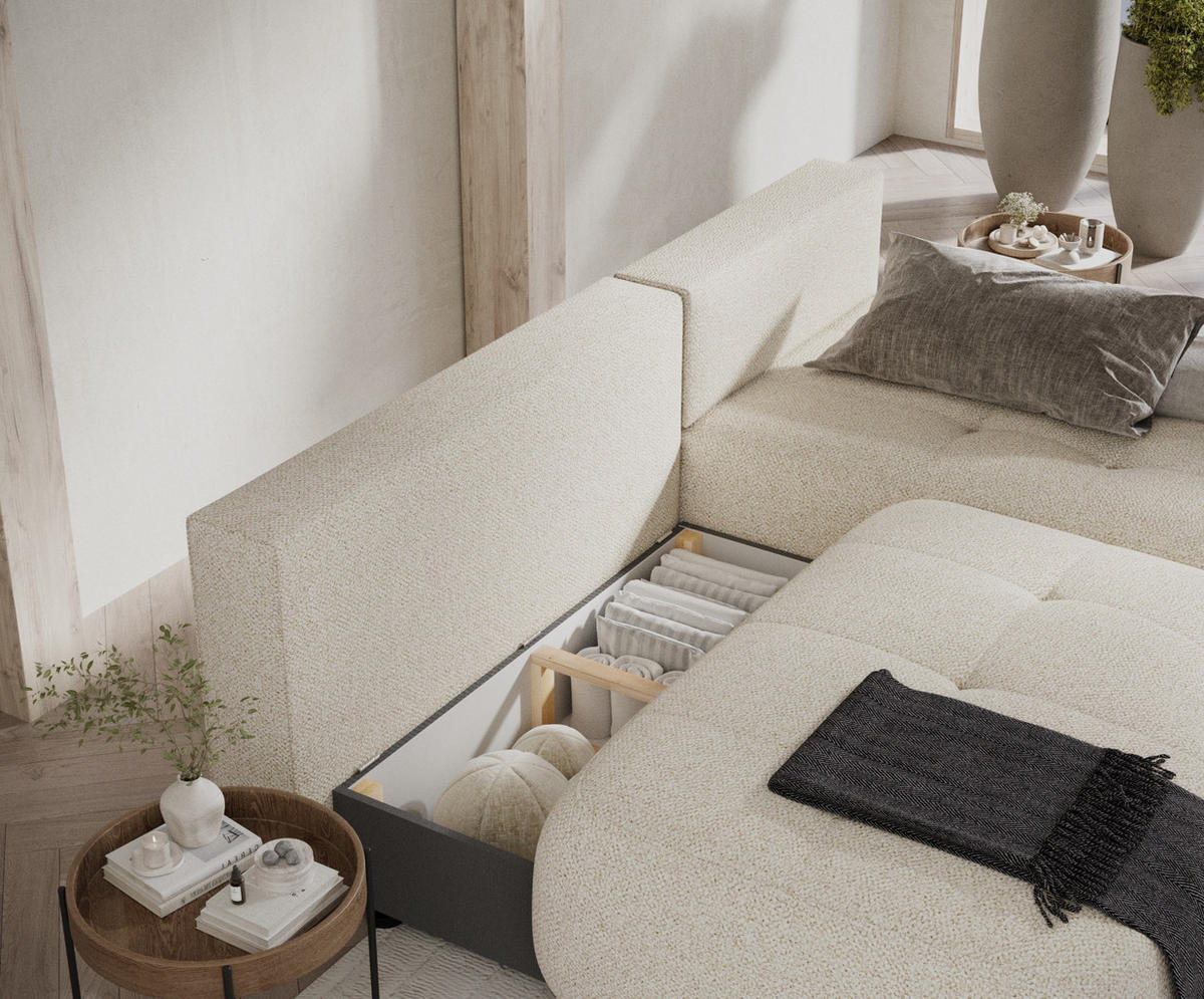 ECKSOFA MIT SCHLAFFUNKTION Batu Creme Plüschstoff - Creme/Schwarz, Holz/Holzwerkstoff (223/158cm) - Maison de Reve