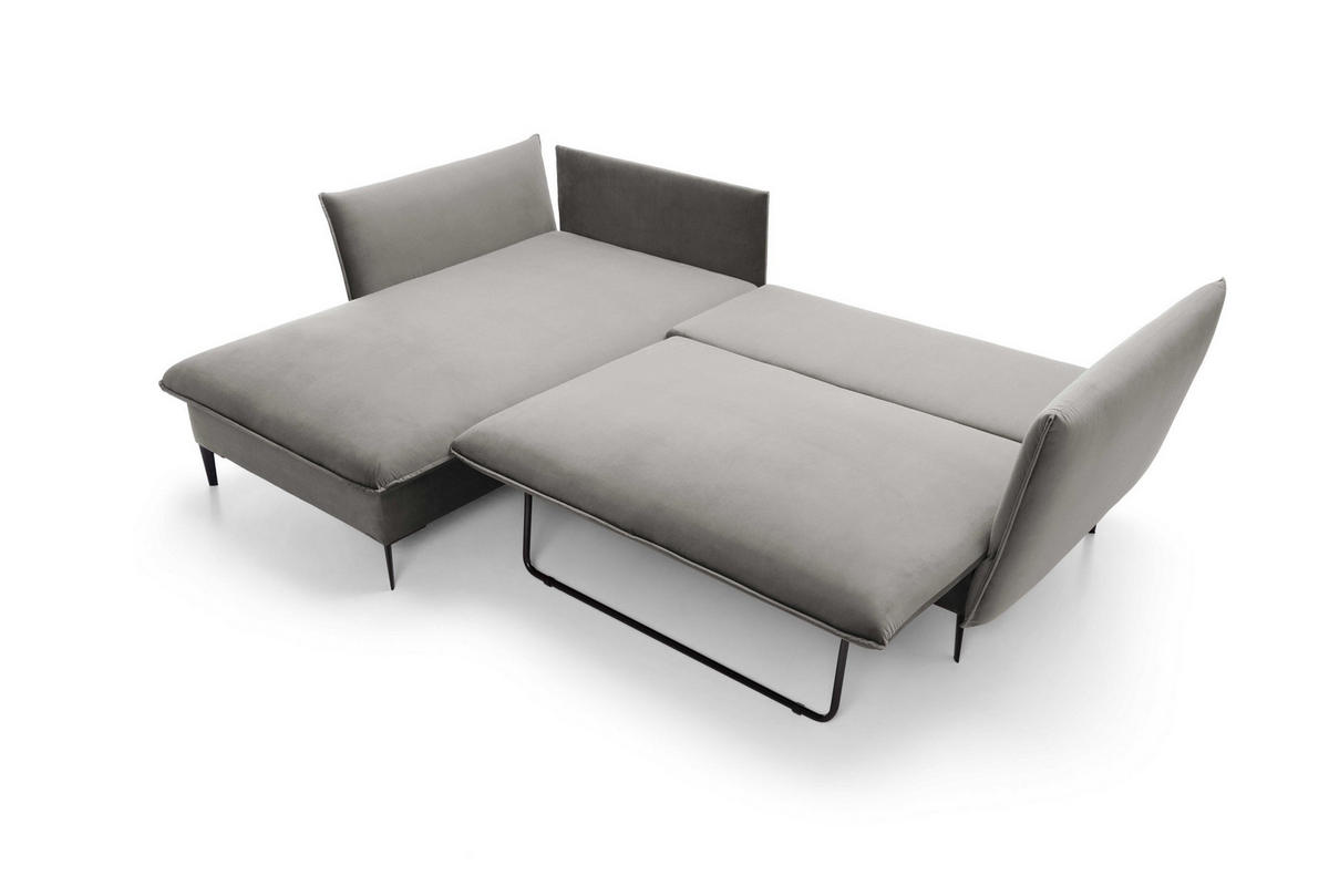 ECKSOFA SOLE Grau Plüsch-Stoff mit Schlaffunktion - Grau, Holz (258/167cm) - MASSENO