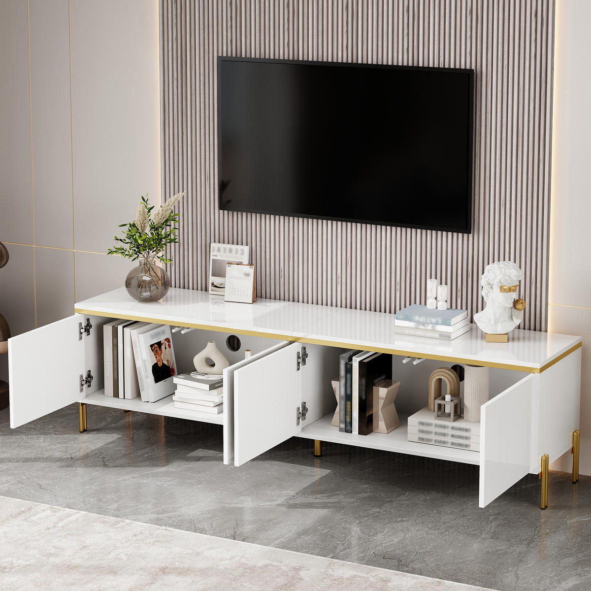 TV-STÄNDER Hochglanz 4 Türen Stauraum Kabelschnittstelle Goldkante - Weiß, Holzwerkstoff (38/50/170cm) - FLIEKS
