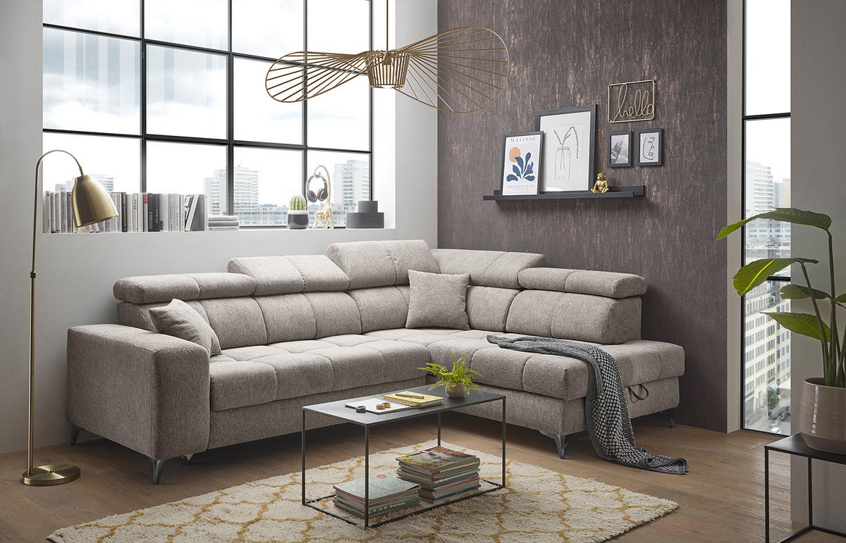 ECKSOFA mit Schlaffunktion - Webstoff - Taupe/Schwarz, Kunststoff/Textil (282/198cm) - home24