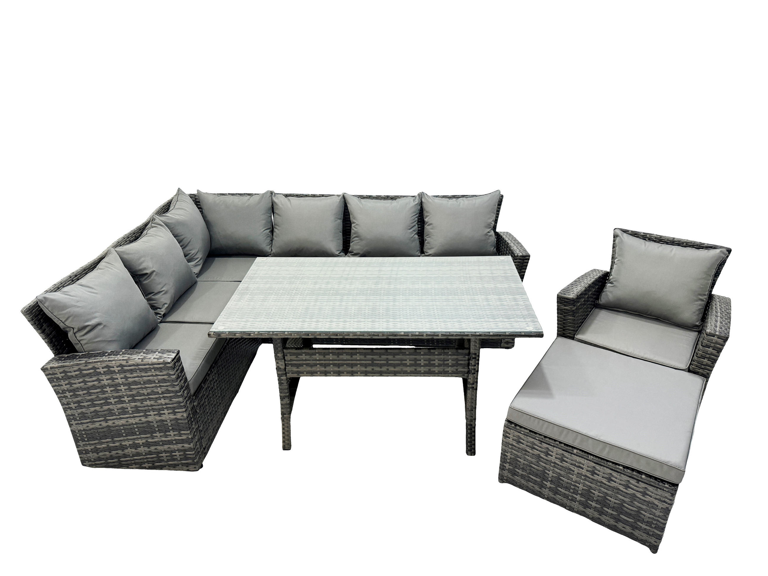 GARTENLOUNGE mit Ecksofa Polyrattan Dunkelgrau 6-Sitzer - Dunkelgrau/Grau, Glas/Kunststoff - Fimous