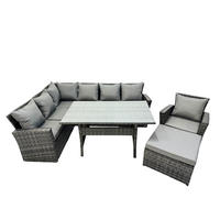 GARTENLOUNGE mit Ecksofa Polyrattan Dunkelgrau 6-Sitzer - Dunkelgrau/Grau, Glas/Kunststoff - Fimous