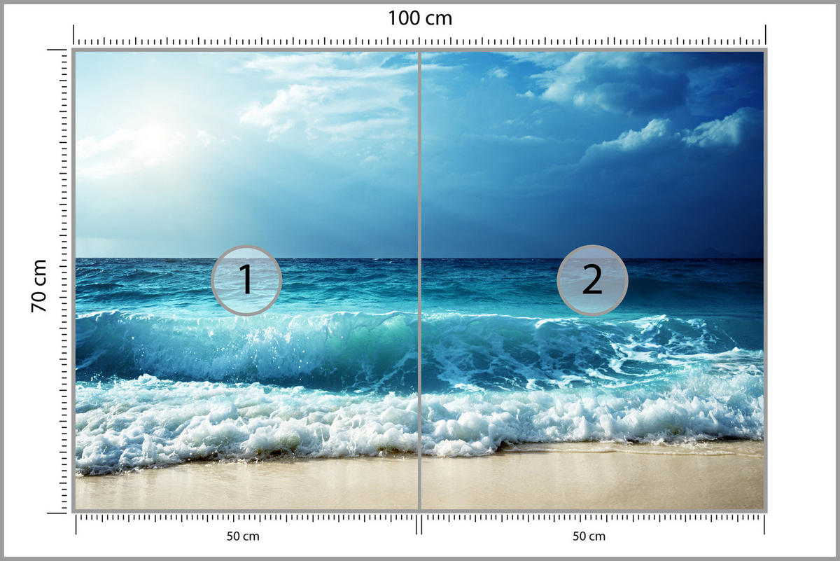 FOTOTAPETE Meer Wellen Strand Landschaft 3D 100x70 - Blau/Beige, Papier (100/70cm) - Muralo