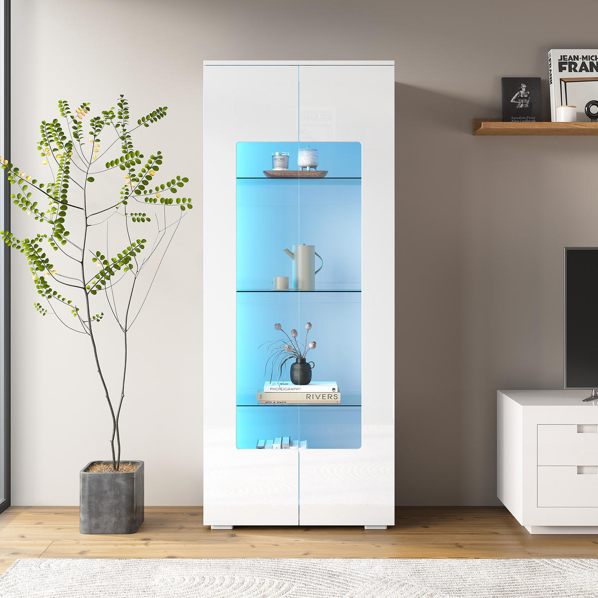 VITRINE Hochglanz LED Acryltüren Gehärtetes Glas Weiß - Weiß, Holzwerkstoff (70/173/40cm) - FLIEKS