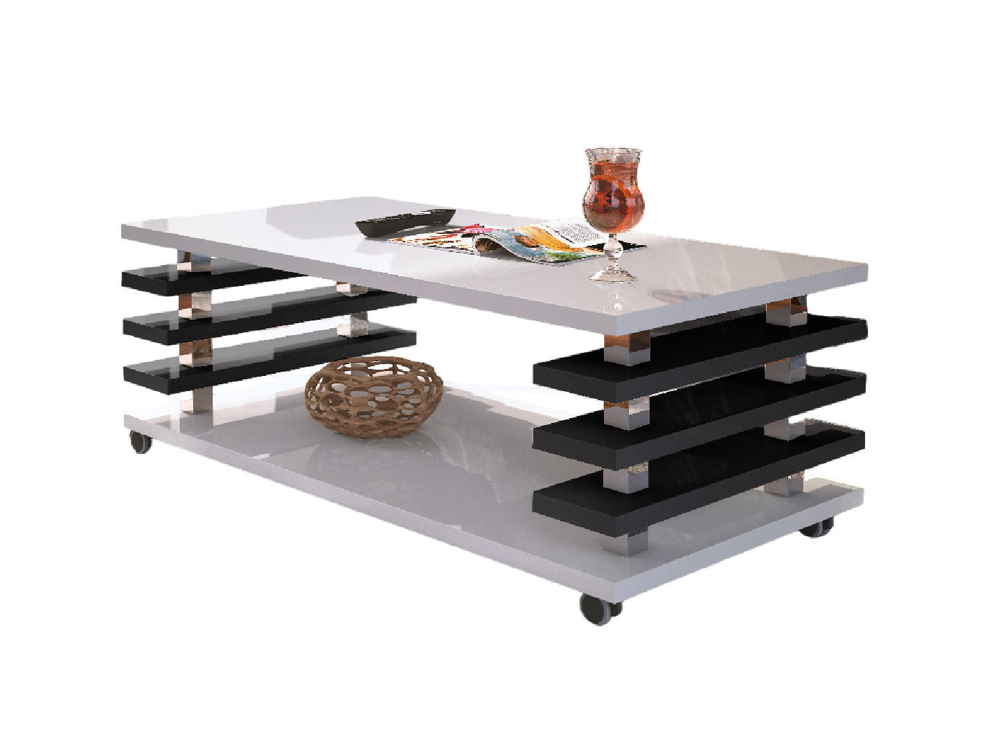 COUCHTISCH rechteckig Weiß Hochglanz - Schwarz Hochglanz Ablage Rollen - Schwarz Hochglanz/Weiß Hochglanz, Holzwerkstoff (60/120/45cm) - designimpex