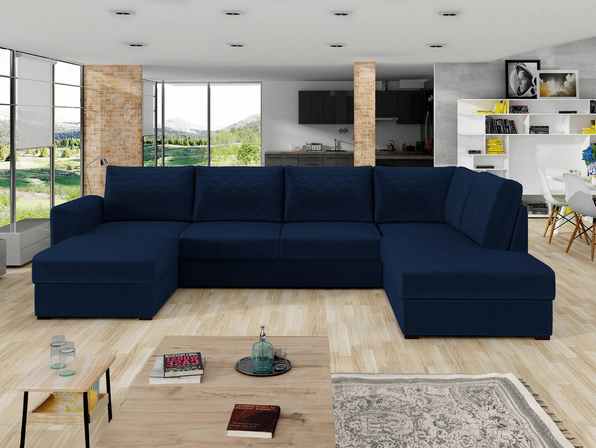 WOHNLANDSCHAFT Wilma Premium, Seite: Rechts - Schwarz/Dunkelblau, Holz/Textil (305/85/188cm) - MIRJAN24