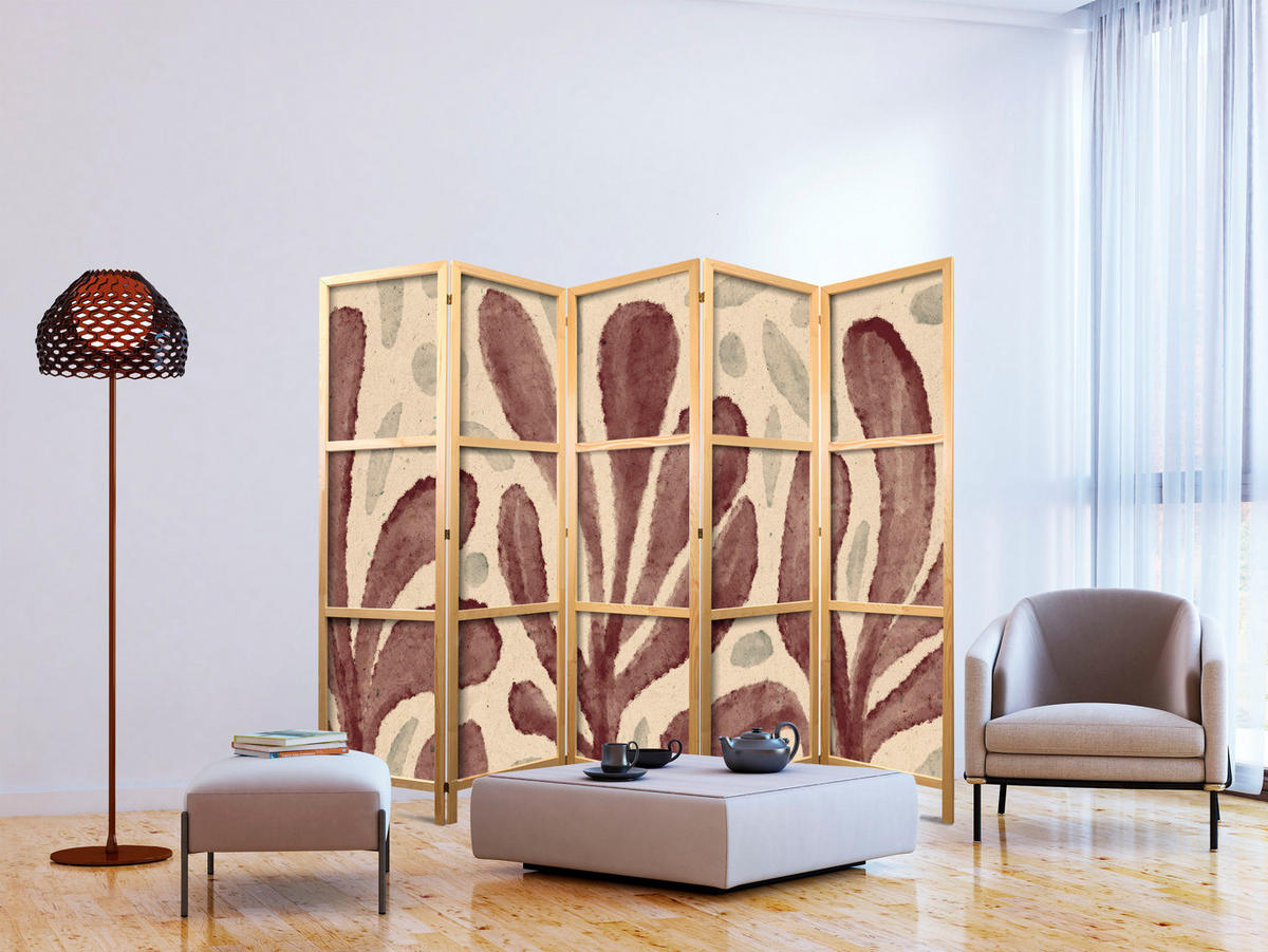 PARAVENT Japanischer 5-tlg 225x172 cm Abstrakte Bl tter - Braun, Holz/Textil (225/172/3cm) - Muralo