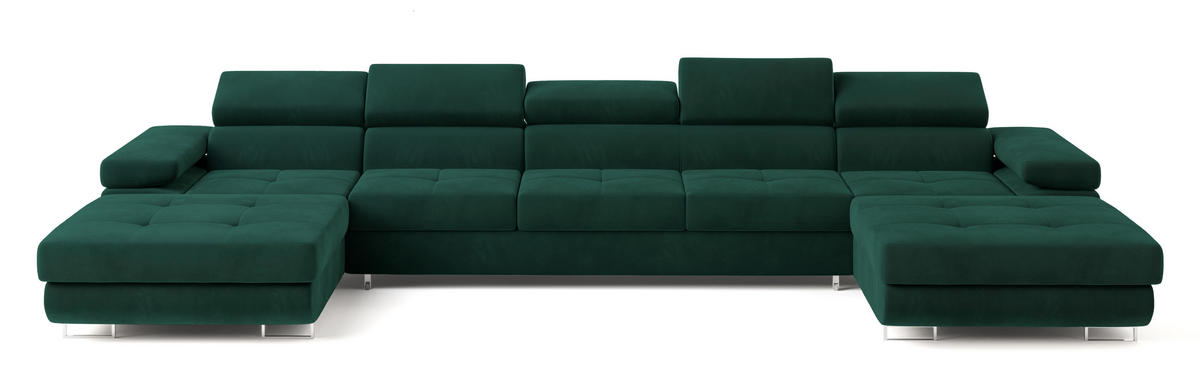 WOHNLANDSCHAFT OMBRA Grün Velours-Stoff mit Schlaffunktion - Grün, Holz (425/90/202cm) - MASSENO