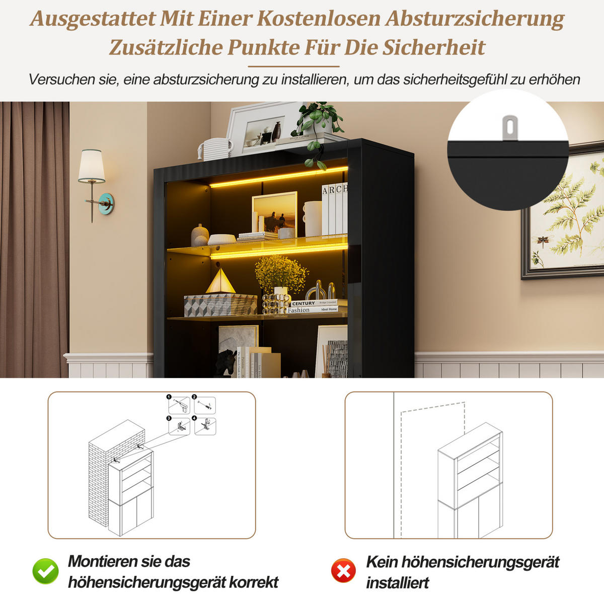 VITRINE 100/35/170 cm Schwarz aus MDF, Spanplatte und Glas mit LED-Beleuchtung - Schwarz, Holzwerkstoff (35/170/100cm) - OKMYHOME