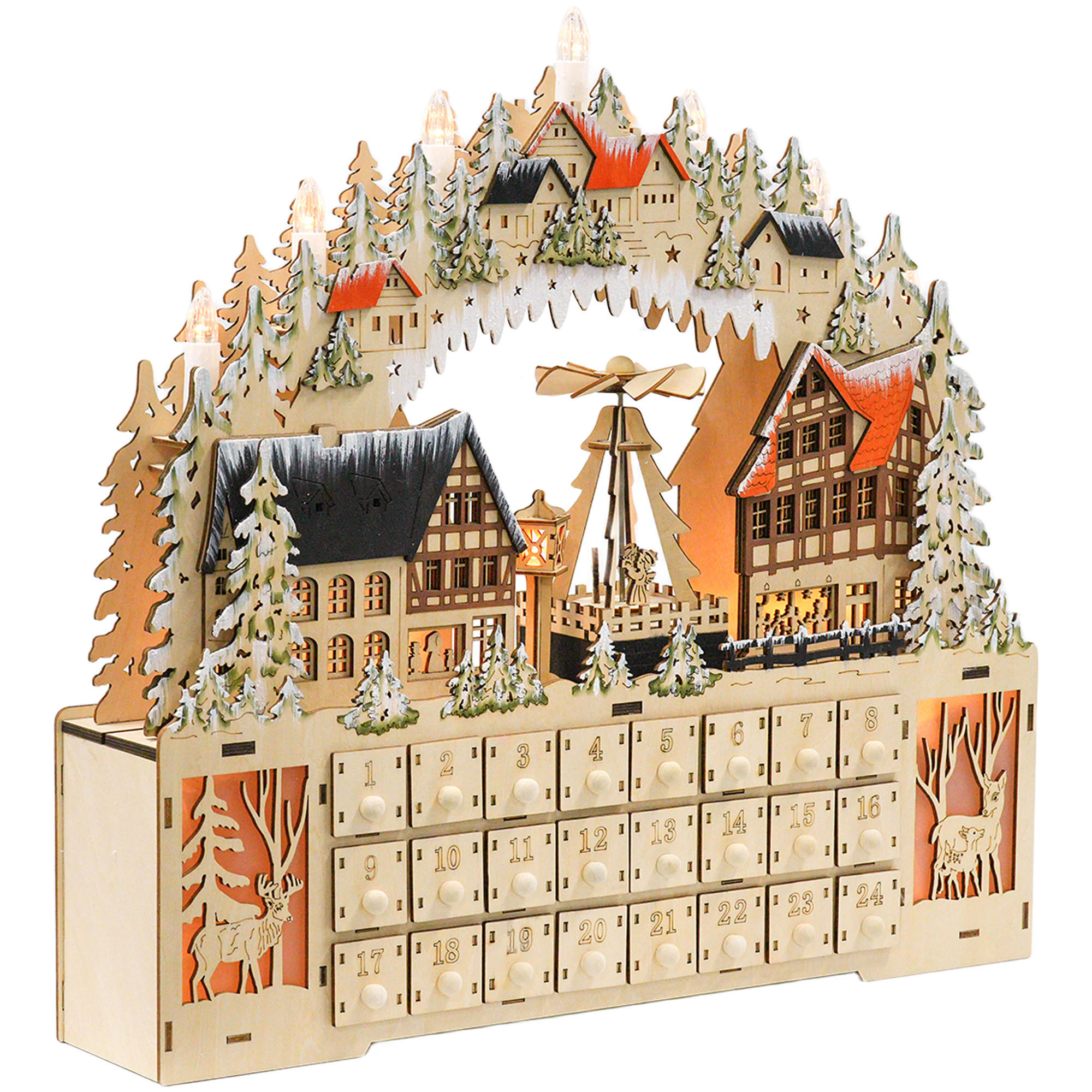 HOMCOM ADVENTNÍ KALENDÁŘ Vánoční kalendář 24 zásuvek s LED světly MDF přírodní dřevo