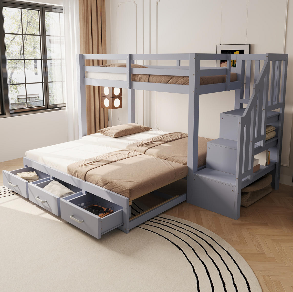 ETAGENBETT mit Ausziehbett und Stauraum 90x200 cm Kiefernholz Grau - Grau, Holzwerkstoff (90/200cm) - Beauniv