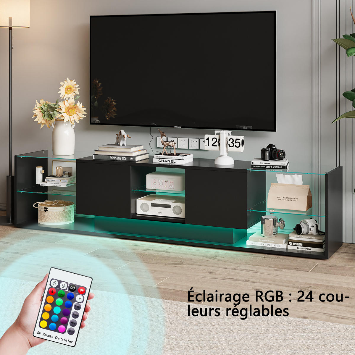 TV-LOWBOARD Schwarz 200x35x45 cm mit Stauraum und verstellbarer LED-Beleuchtung - Schwarz, Holz (35/45/200cm) - PARAFTA HOME