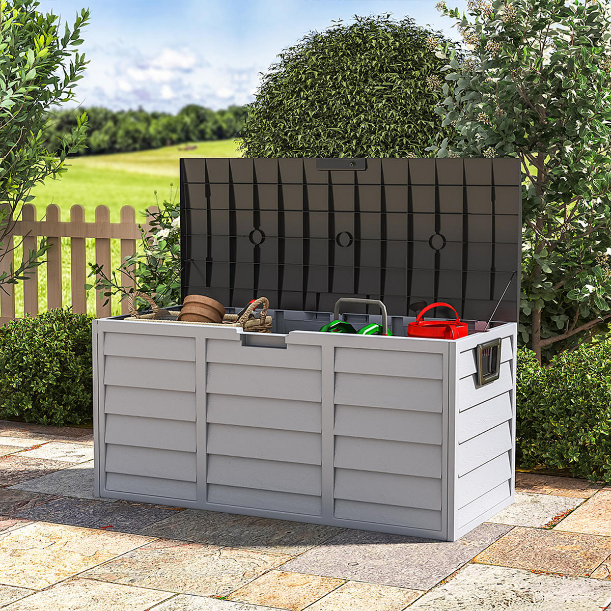 GARTENBOX 290L Abschließbar Wasserdicht Kunststoff Schwarz - Schwarz/Grau, Kunststoff (112/54/49cm) - Livingandhome