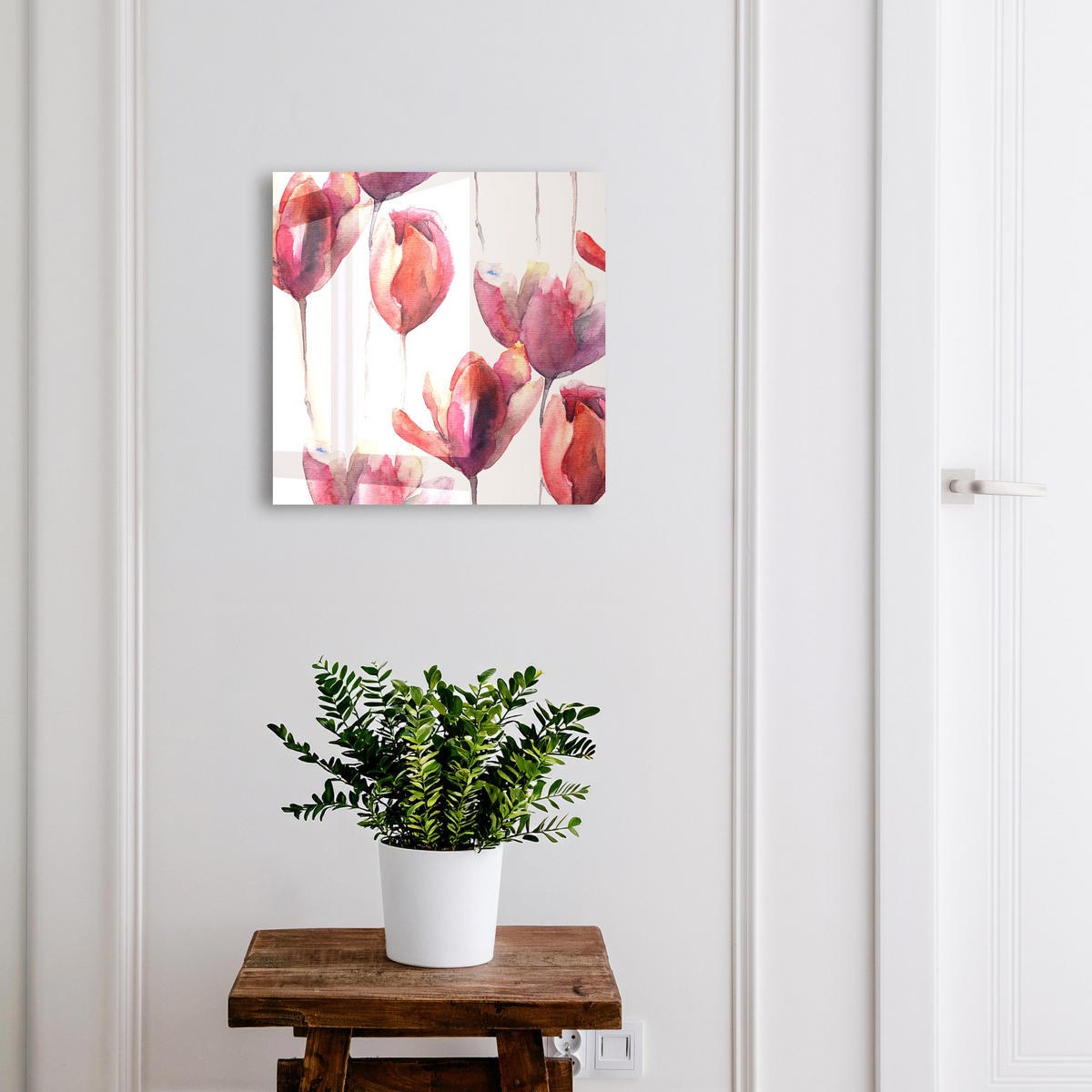 SCHLÜSSELBOX Schwarz 30x30 cm- Türöffnung nach rechts - Aquarell-Tulpen - Rot, Metall (30/30/5cm) - TULUP