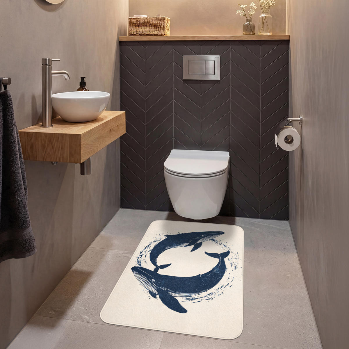 WC PŘEDLOŽKA Velryby - Stříkance - Kruh - Tmavě modrá 60x90 cm - tmavě modrá, textil/plast (60/1cm) - OnlyWow